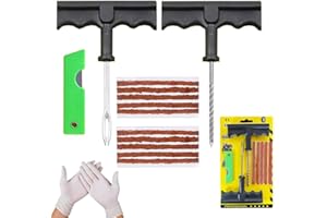 NOOGUI - Meche Pneu Crevaison - Kit Reparation Pneu Voiture - Répare en 15 Minutes - Inclut 10 Mèches,1 Outil T spiralé,1 Insert d'outil en T,2 Gants et 1 Cutter - Kit Anti Crevaison Voiture
