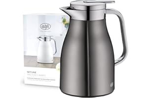 alfi SKYLINE 0,65l, jarra isotérmica de acero inoxidable con inserción higiénica de vidrio duro, tapón de rosca con cómodo pulsador, mango ergonómico a una mano, ideal como jarra de café o té, sin BPA