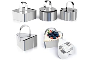 Set Coppapasta Tondi BS-VOG in Acciaio Inossidabile, 5 Forme da 7,6 cm con Pressino. Include Coppapasta Rotondo, Fiore, Cuore, Quadrato, Triangolo, Perfetto per Mousse, Cheesecake, Pasticceria e Dolci
