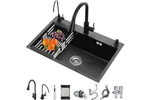 HYANXUE Fregadero De Cocina Negro, Fregadero De Cocina De Acero Inoxidable De Un Solo Cuenco, Fregadero De Cocina Empotrado/empotrable con Juego De Montaje De Drenaje(60x45x20CM)