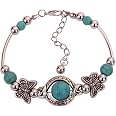 Yazilind Vintage Ethnic Tibetan Style Jewelry Set - Silver Green Turquoise Bib Collar Necklace & Earrings For Women
