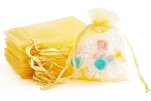 XMASOLDECOR 50PCS Small Gold Organza Gift Bags 7 x 9 cm Jewellery Pouches Wedding Party Favour Candy Bags Drawstring Gift Bag for Anniversary, Birthdays and Baby Showers