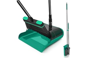 JEHONN Escoba y Recogedor Plegable Grande Mejorado, Cepillo Barrer de Mango Largo, Juego de Sartenes para Interior con Giratorio de 180 Grados Cabeza para Cepillos para Barrido de Casa (Verde)