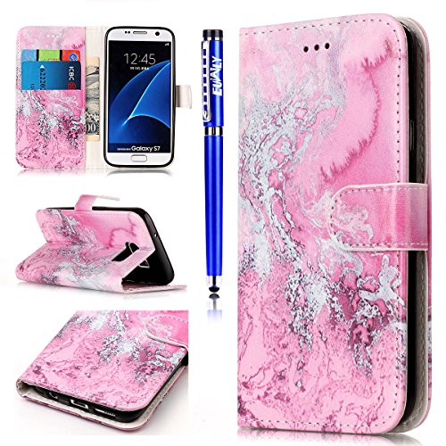 Preisvergleich Produktbild EUWLY Lederhülle für [Samsung Galaxy S7], Ledertasche Handytasche Lederhülle Tasche Wallet Hülle im Bookstyle Handyhülle für Samsung Galaxy S7 - Vintage Marmor Stein Marble Malerei PU Leder Flip Tasche Wallet Case Klapp Schutz Handy Hülle Brieftasche Ledertasche Schutzhülle Etui Schale Magnetverschluss Hülle Handyhülle Kartenfächer Standfunktion für Samsung Galaxy S7 + Blau Eingabestift-Marmor Muster Rosa Weiß