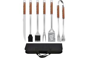 Trongle BBQ Tools Set, 7pcs Stainless Steel Grilling Accessories with Carrying Bag, Wood-Grain Durable BBQ Utensils for Outdoor Cooking, Camping, and Picnics, BBQ Accessories Kit for Men Women Gift