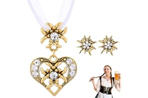 OUDQFCJ 3 Stück Trachtenschmuck Set Bayerisch schmuck Trachtenkette mit Strass Gold Herz Anhänger und Gold Ohrstecker für Damen Bierfest Trachten Outfit Accessoires(weiß)