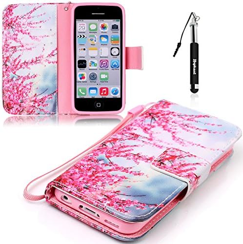 iphone 5C Wallet Case iphone 5C Cassette Printing Lanyard Leather Case,Huphant Colorful Flowers Cute Animals Beautiful Pattern Premium Soft PU Leather Notebook Wallet Embossed Flower Tree Design Case with [Kickstand] Stand Function Card Holder and ID Slot Slim Flip Protective Skin Cover Magnetic Closure Closed + Black Retractable Dust Plug Stylus Pen-Plum Tree Branches