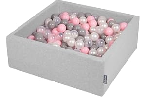 KiddyMoon 90X30cm/200 Balls ∅ 7Cm / 2.75In Square Baby Foam Ball Pit Made In EU, Light Grey/Pearl/Grey/Transparent/Light Pink