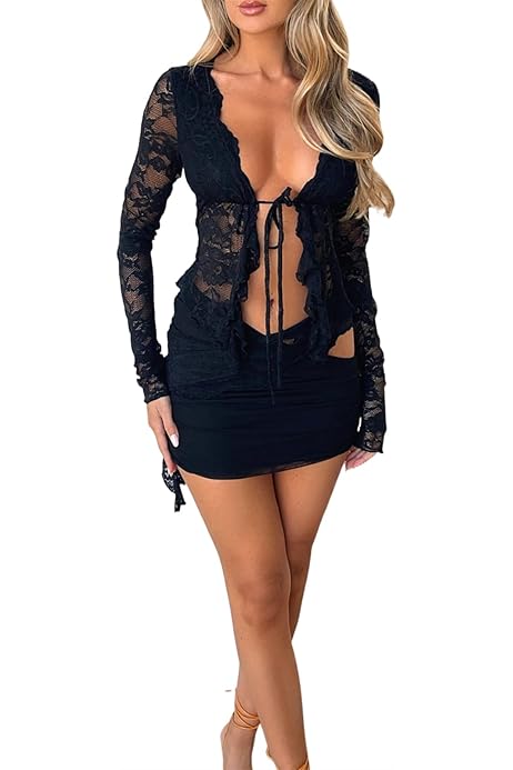 Two Piece Skirt Set For Women Women Lace Ruffle Piece Mini Skirt