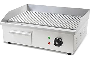 ‎VERTES VERTES Grillplatte Bratplatte Plancha Grill Elektrisch 3000W aus Edelstahl Grillfläche Mit Rillen 55x35cm, Thermostat, Temperatur 50-300°C, Spritz & Wärmeschutz, Auffangbehälter, Gummifüße