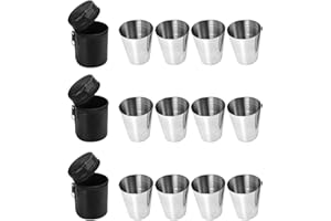 MOPOIN Flachmann Becher, 12 Stück Edelstahl Becher Schnaps-Gläser aus Metall Edelstahl-Becher Set Metall-Becher mit Leder-Tasche Schnapsgläser, ideales Flachmann-Zubehör, Tolle Geschenk-Idee