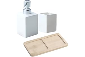 GOLDMEET Weißes Badezimmer-Zubehör-Set, 3-teiliges Keramik-Badezimmer-Set, luxuriöses Badezimmerzubehör, inklusive 320 ml Flüssigseifenspender, Badezimmerbecher, Holztablett, Badzubehör-Set, Badezimmer-Dekor