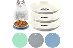 BINGGUNYO Comedero Gato, 3 Piezas Comedero Gato de Cerámica, Comedero Perro con 3 Alfombrillas Antideslizantes, Plato Comida Gato Plano para Gatos y Perros Pequeños