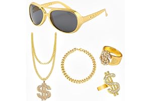 GegXcn 5pcs Hip Hop Costume Kit, 80s/90s Retro Hip Hop Fancy Dress Accessories for Kids & Adults, Fake Gold Chain Necklace, Bracelet, Hip Hop Ring, and Retro Sunglasses for Disco Rapper Outfit