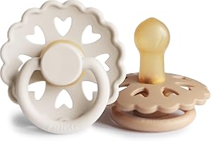 FRIGG Fairytale Latex Pacifier Pack of 2 | Natural Rubber Soother Dummy | BPA-Free | Made in Denmark | Symmetrical Cherry Shaped Nipple (Cream/Silky Satin, Size 1 (0-6 Months))