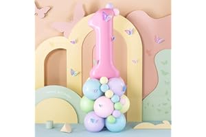 BALLOON DANCE Pink 1 Balloon 1st Birthday Decorations for Girls, 40 Inch Pink Number 1 Foil Balloon with Butterfly stickers Pastel Balloons for Girls 1 Year Birthday Party Decoration Baby Shower