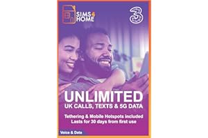 SIMS4TRAVEL Three Sim Card Preloaded with UNLIMITED UK Calls, Texts & 4G/5G Data. (Valid for 30 days). No Contracts, No Commitments, No Credit Checks, No Tie-ins, No Personal ID. Simple to renew