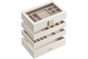 SONGMICS Stackable Jewellery Trays, 4-Tier Jewellery Box, Large Jewellery Case, Clear Glass Lid, 17 x 28 x 18.3 cm, for Dressing Table, Gift Idea, Cloud White JBC164W01