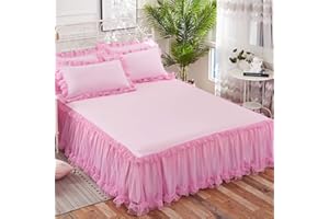 KJHG Bettvolant Bettrock Tagesdecke Ruffle Bettüberwurf Spitze Rüschen Bett Rock 3PCS Sets Bettwäsche Prinzessinnen-Stil,Pink-120X200CM