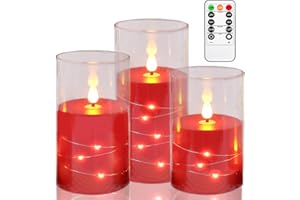 Kiexung LED-Kerzen, batteriebetriebenes Kerzenblinken, eingebautes Sternenlicht-Lichterkettenlicht, unzerbrechliches Plexiglas mit Fernbedienungs-Timer, 3er-Set (rot)