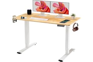 SANODESK 110 * 54 Electric Standing Desk ONE PIECE Height Adjustable Standing Desk With Memory Smart Panel Sit Stand Table With Hooks and Cupholder for Home Office (White Frame+ Maple Desktop)