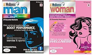 Ajwellness-Man& Woman supplement combo with Ginseng for Men and Green Tea, Gingko Biloba, Primrose Oil for Women to help skin, stamina, vitality and bones enriched with multivitamins and minerals