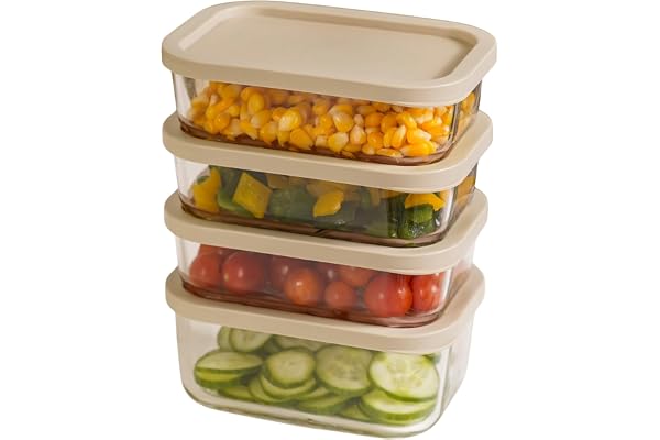 Nestasia Groovo Glass Containers for Fridge Storage Set of 4 (M - 520ml x 3, L - 750ml x 1) - Transparent Stackable Glass Container with Lid, Microwave & Dishwasher Safe (Beige)