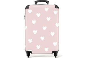 NoBoringSuitcases.com Valise Cabine Enfant Fille 55x35x25cm, Bagages Roulette, Rose - Cœurs - Rose-Blanc