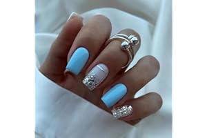 JUSTOTRY 24 Pcs Glitter Square False Nails Medium, Sky Blue French Press on Nails Pattern, Easy Fake Nails Short with Nail Glue, Stick on Nails for Women, Squoval Nails Fake Nail for Nails Art