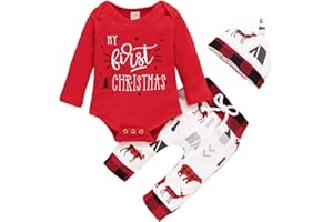 VERVE JELLY Bambini neonati ragazzi oblit natalizi il mio primo pagliaccio di Natale top pantaloni a quadri di cervo+ cappello set di vestiti di Natale