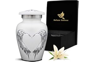 SOLACE FOREVER Kleine Urne mit Engelsflügeln – Weiße Mini-Urne mit Box und Tasche – Kleine Urne für Asche