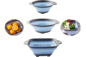 DLD Scolapasta pieghevole-Filtro in silicone per alimenti-Resistente al calore Scolapasta pieghevole Vapore-Lavabile in lavastoviglie-3 pezzi (Blu)
