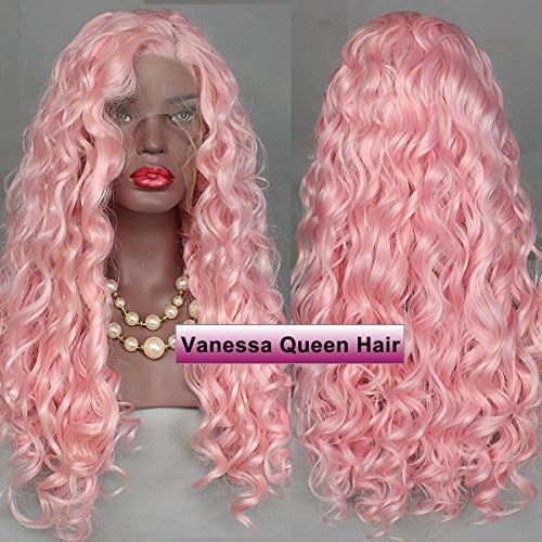 Vanessa Queen Synthetic Lace Front Wigs Cosplay Pink Long Curly Wig Heat Resistant Big Wavy Hair Half Wig for Women 22-24 Inch
