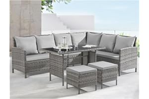 EVRE Madison 7 Seat PE Rattan Garden Furniture Set UV-Resistant Corner Sofa Glass Dining Table 2 Stools & Chairs with Cushions Outdoor Patio Set for Balcony Lawn Conservatory Steel Frame (Grey)