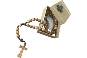 AMPALS, rosario in legno d'ulivo fatto a mano a Gerusalemme, rosario in scatola di carta Kraft con crocifisso, regalo battesimo, comunione, feste cristiane, nascita, compleanno, protezione auto, casa
