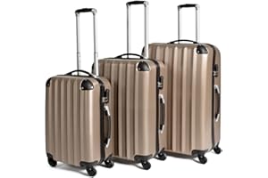 TecTake® Set Valigie Trolley Rigide, 3 Pezzi, Grande, Medio, Bagaglio a Mano, Ruote Girevoli a 360°, Struttura ABS Robusta, Maniglie Telescopiche in Alluminio - Champagne