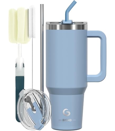 Meoky Bicchiere da 1182 ml con cannuccia e coperchio, bicchiere con manico, borraccia termica in acciaio inox, 100% a prova di perdite, fredda per 34 ore o calda per 10 ore (carnevale