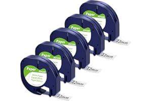 Unistar Recambio Dymo LetraTag Papel 91200 S0721510 Negro sobre Blanco 12mm x 4m para Dymo LetraTag LT-100H LT-100T LT-110T QX 50 XR XM 2000 Plus, Paquete de 5