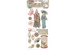 STAMPERIA INTERNATIONAL Stamperia DFLCB41 Klebeformen Sir Vagabond in Japan, Rot, Blaugrün, Braun, 17 shapes