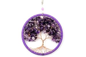 C100AE Lebensbaum Deko Traumfänger Chakra Edelstein Sonnenfänger Baum des Lebens Anhänger Dreamcatcher Hängendes Ornament Feng Shui Dekoration für Wohnzimmer Balkon Garten Auto (Lila)