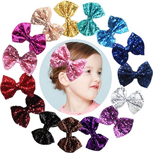 15pcs 8 cm Boutique Bling brillantes lentejuelas, lazos, cinta de malla nailon diademas para fiesta niñas niños pinzas de pelo Clips
