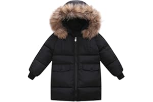 Valcatch Boys Girls Winter Coat Padded Parka Jacket Thicken Long Puffer Jackets Coats Kids Teen Faux Fur Hooded Winter Down Windbreaker Snow Jacket Warm Windproof Outwear with Zipper and Pocket 2-12T