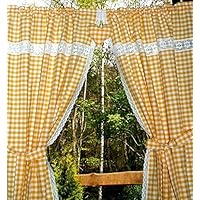 gelb-weiß karierte Küchengardine mit Klöppelspitze und Dekoherz