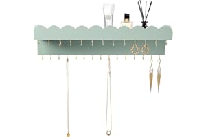 Lampaggio Schmuck-Organizer zur Wandmontage mit 28 Haken und Kosmetikablage, moderner Schmuckhalter aus Holz zum Aufhängen für Halsketten, Armbänder, Ohrringe und Ringe, Grün