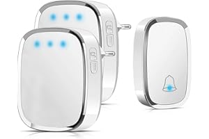 Aoreun Timbre Inalámbrico Exterior Impermeable, Timbre impermeable con indicador LED, 4 Volumen, 36 Melodías, Alcance a 300m,1 Transmisor y 1 Receptores, para Oficina, Hotel, Casa y Más - Blanco