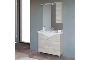 Inbagno Mobile Bagno a Terra Moderno, lavabo in Ceramica, Include specchiera con pensile e Illuminazione LED (Rovere Grigio, Larghezza 85 cm)