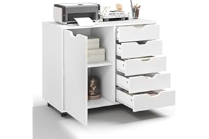 KOMFOTTEU Aktenschrank mit Rollen, Rollcontainer mit 5 Schubladen, Schubladenschrank Bürocontainer Druckertisch Holz, Bürowagen Bürocontainer weiß, 79x39x65 cm (Weiß)