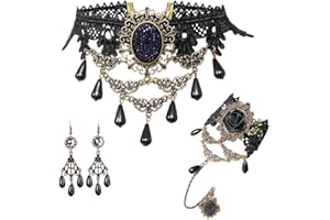 Aabellay Gothic Spitze Choker Halskette Armbänder Ohrringe Damen Schwarz Kette Gotisch Kostüm Fingerlose Handschuhe Retro Victorian Collier Vintage Halsband Halloween Halskette Set- FY004