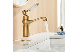 Maynosi Rubinetti per Lavandini Bagno, Retrò Rubinetto Bagno Lavabo, Vintage Monocomando in Ceramica per Lavandino da Bagno, Stile Vittoriano, Includere Tubi Flessibili, In Ottone (Ottone Antico)