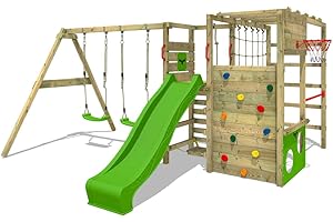 FATMOOSE Wooden climbing frame ActionArena Air XXL with swing set & apple green slide, Outdoor kids playhouse with sandpit, climbing ladder & play-accessories for the garden